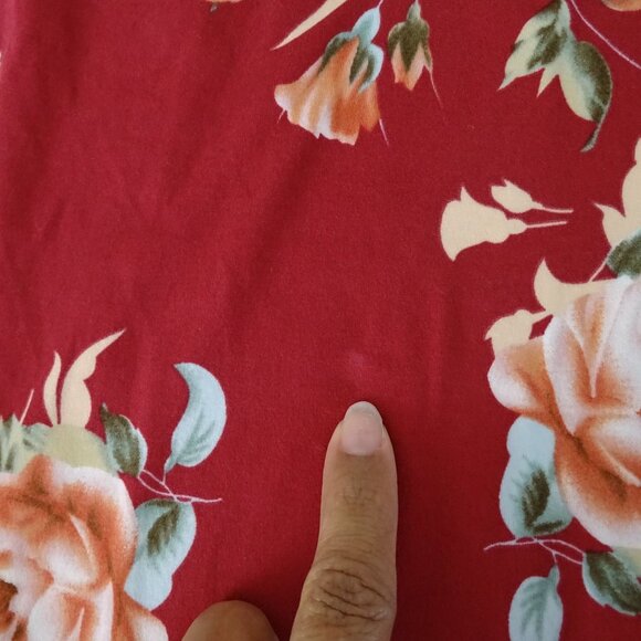 Floral Red Midi Dress With Elastic Waist Women Size L Short Sleeve Pocket FLAW - Picture 12 of 12